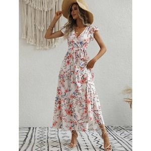 Floral Print Butterfly Sleeve Ruffle Hem Belted maxi Dress white pink